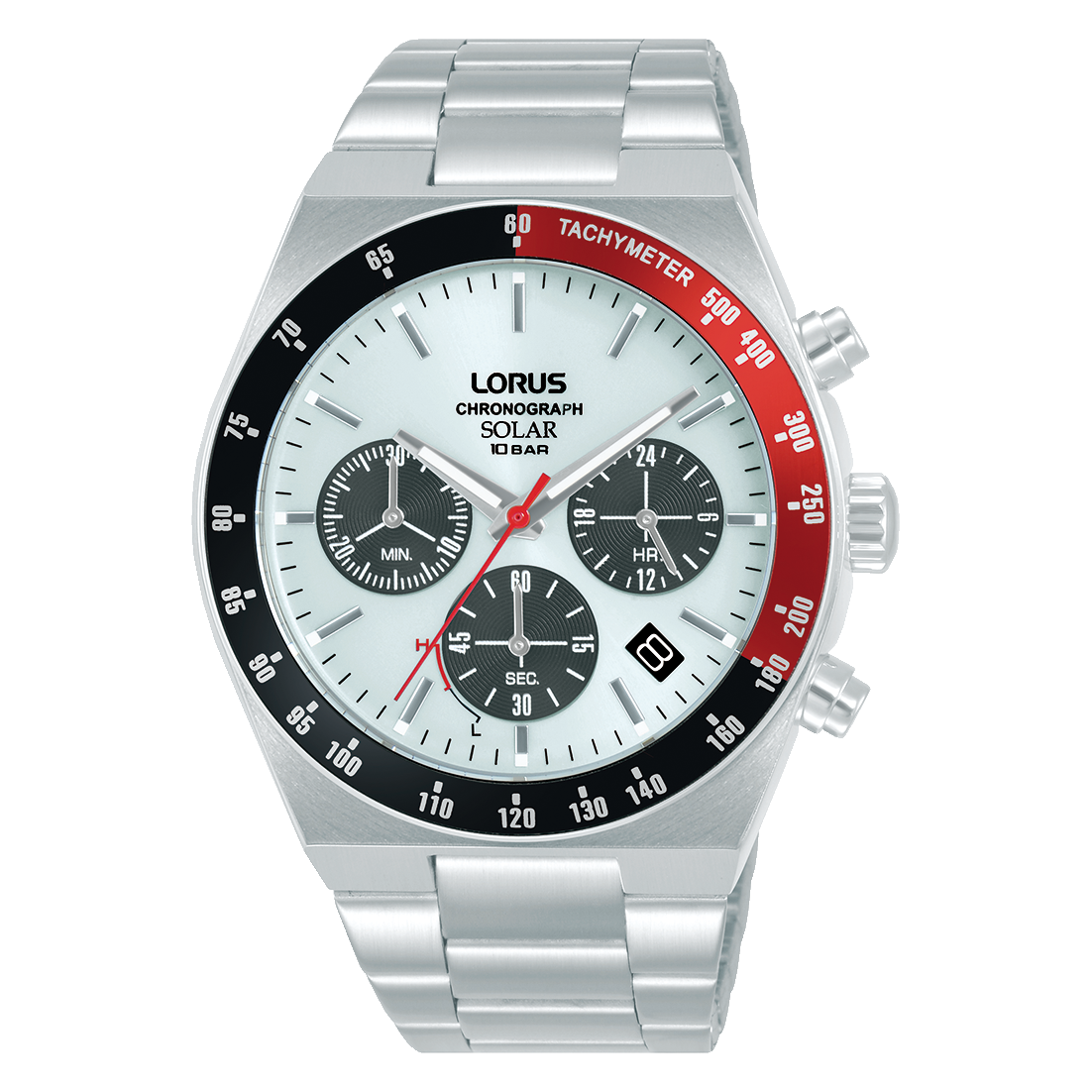 Lorus Herren-Chronograph-Uhr mit Solarwerk, weißem Zifferblatt, silbernem Edelstahlband