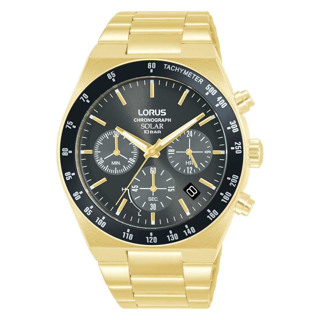 Herren-Armbanduhr Lorus Sport mit Chronograph, goldfarben, schwarzes Zifferblatt, Tachymeter