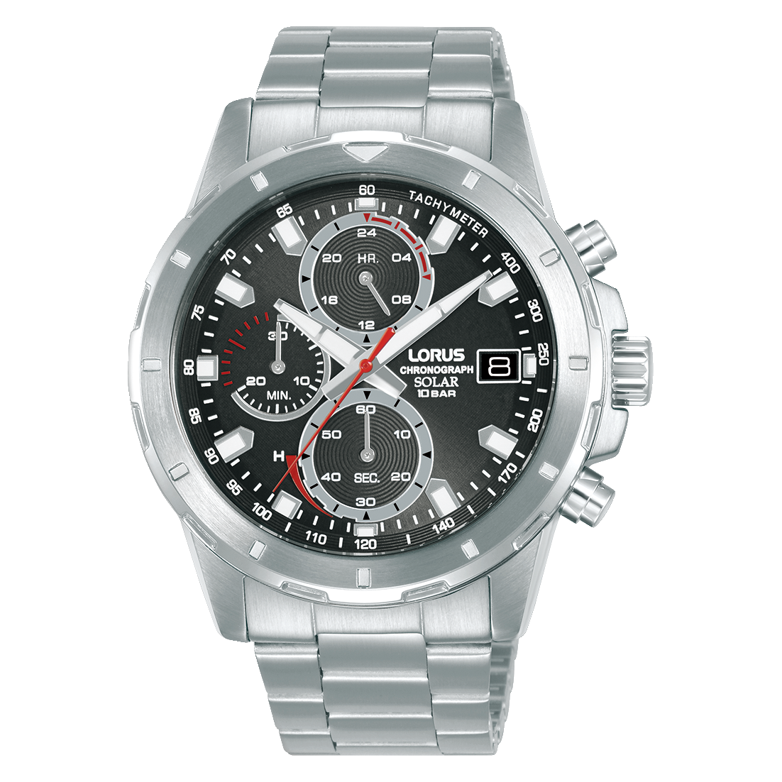 Sport-Armbanduhr: Edelstahlband, schwarzes Zifferblatt mit Chronographen-Subdials, Solar