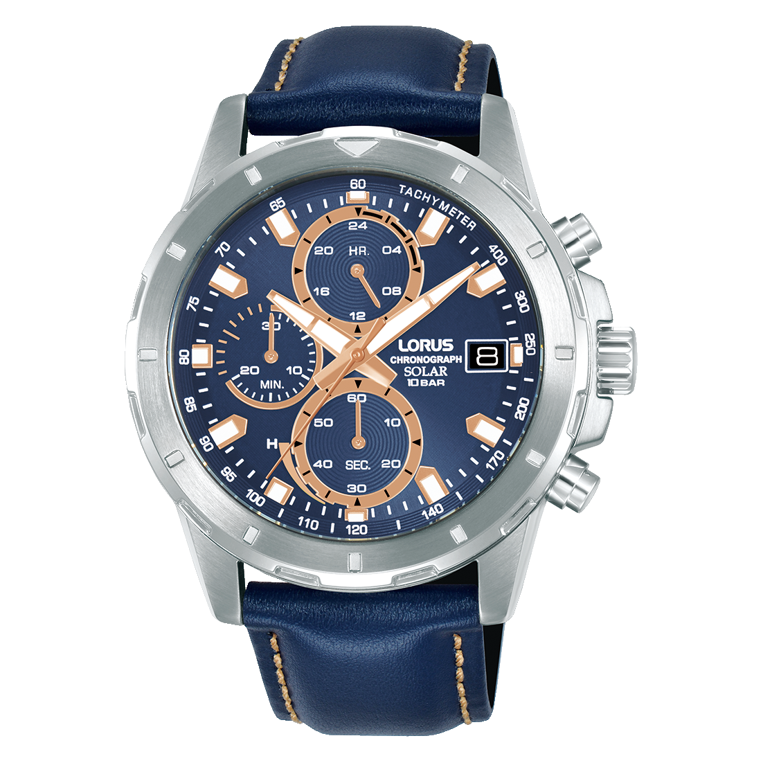Lorus Herrenarmbanduhr mit Solar-Chronograph, blauem Lederband und blauem Zifferblatt