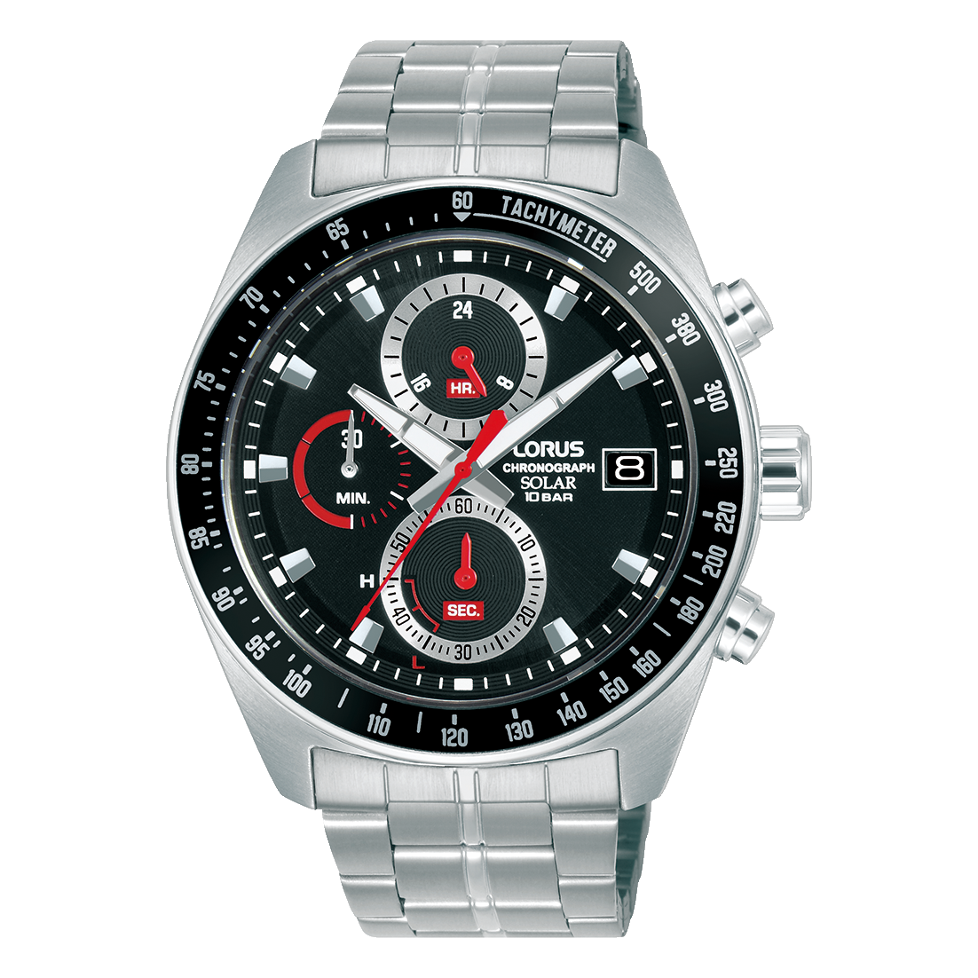 Herren-Solar-Chronograph-Armbanduhr mit schwarzem Zifferblatt, Edelstahlband und roten Akzenten