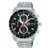 Herren-Solar-Chronograph-Armbanduhr mit schwarzem Zifferblatt, Edelstahlband und roten Akzenten