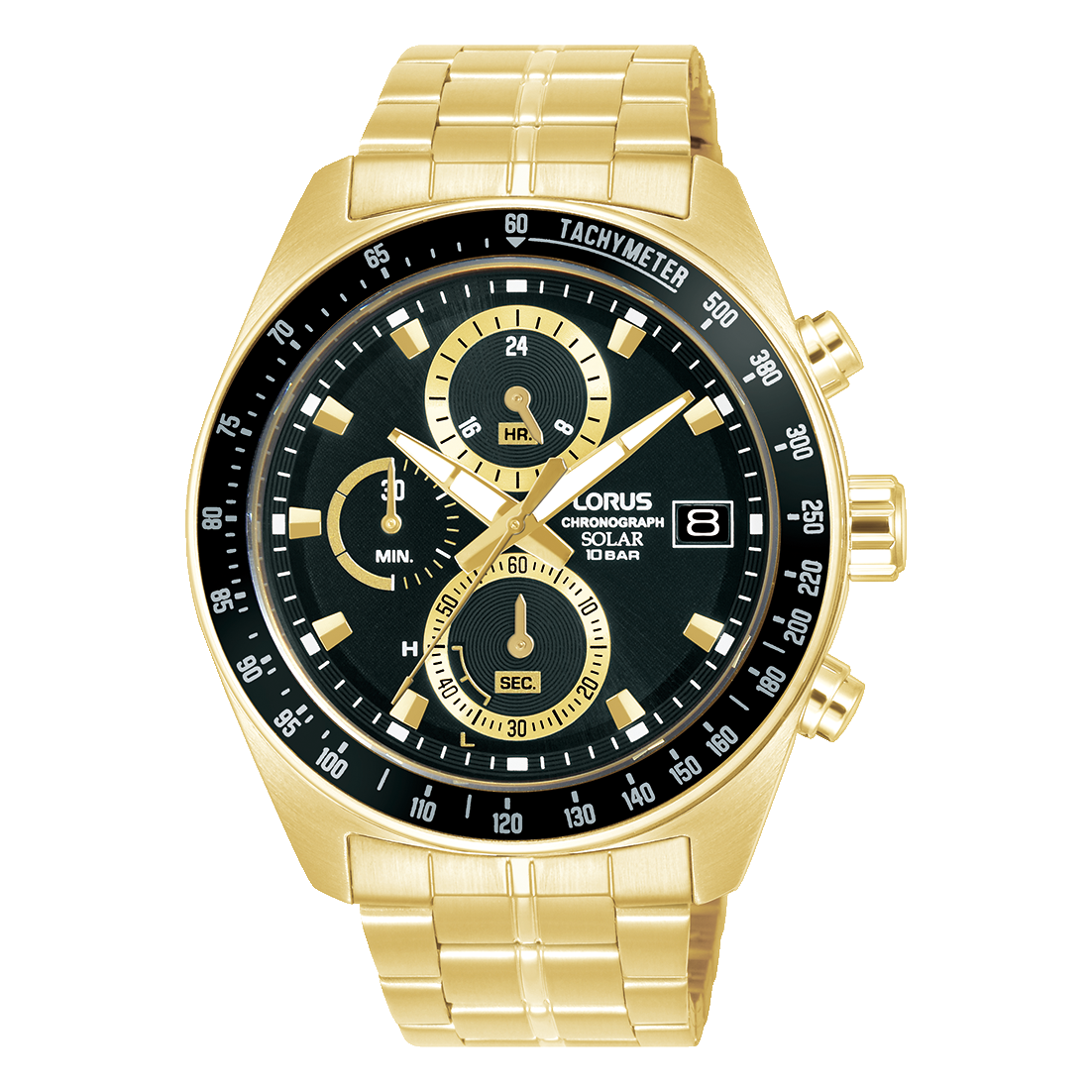 Herren-Armbanduhr Lorus Sport, Solar-Chronograph, schwarzes Zifferblatt, goldfarbenes Edelstahlband