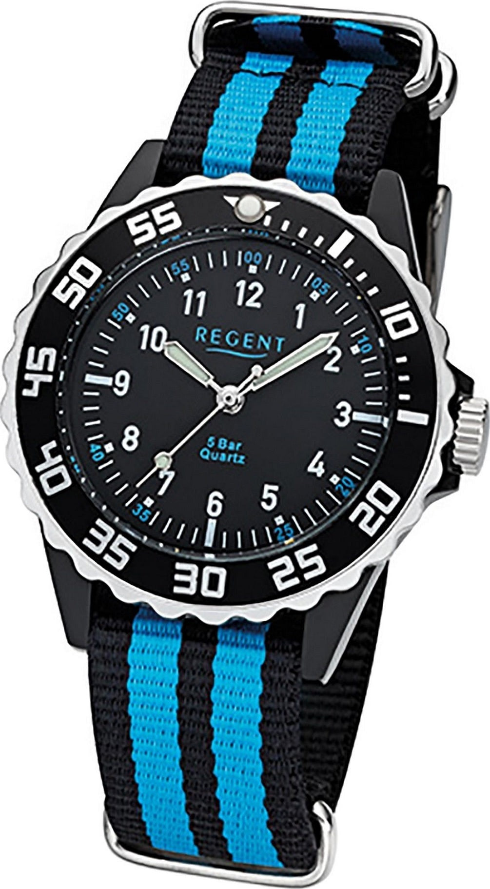Kinderuhr mit schwarzem Zifferblatt, türkisen Akzenten und Stoffarmband, drehbarer Lünette