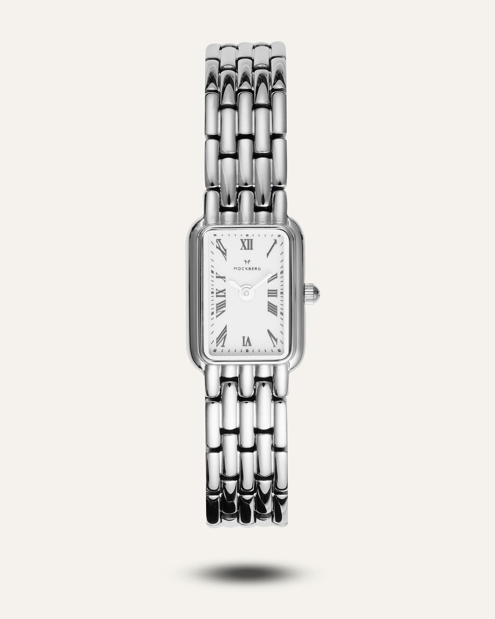 Mockberg Damenarmbanduhr mit silbernem Metallarmband und rechteckigem Zifferblatt