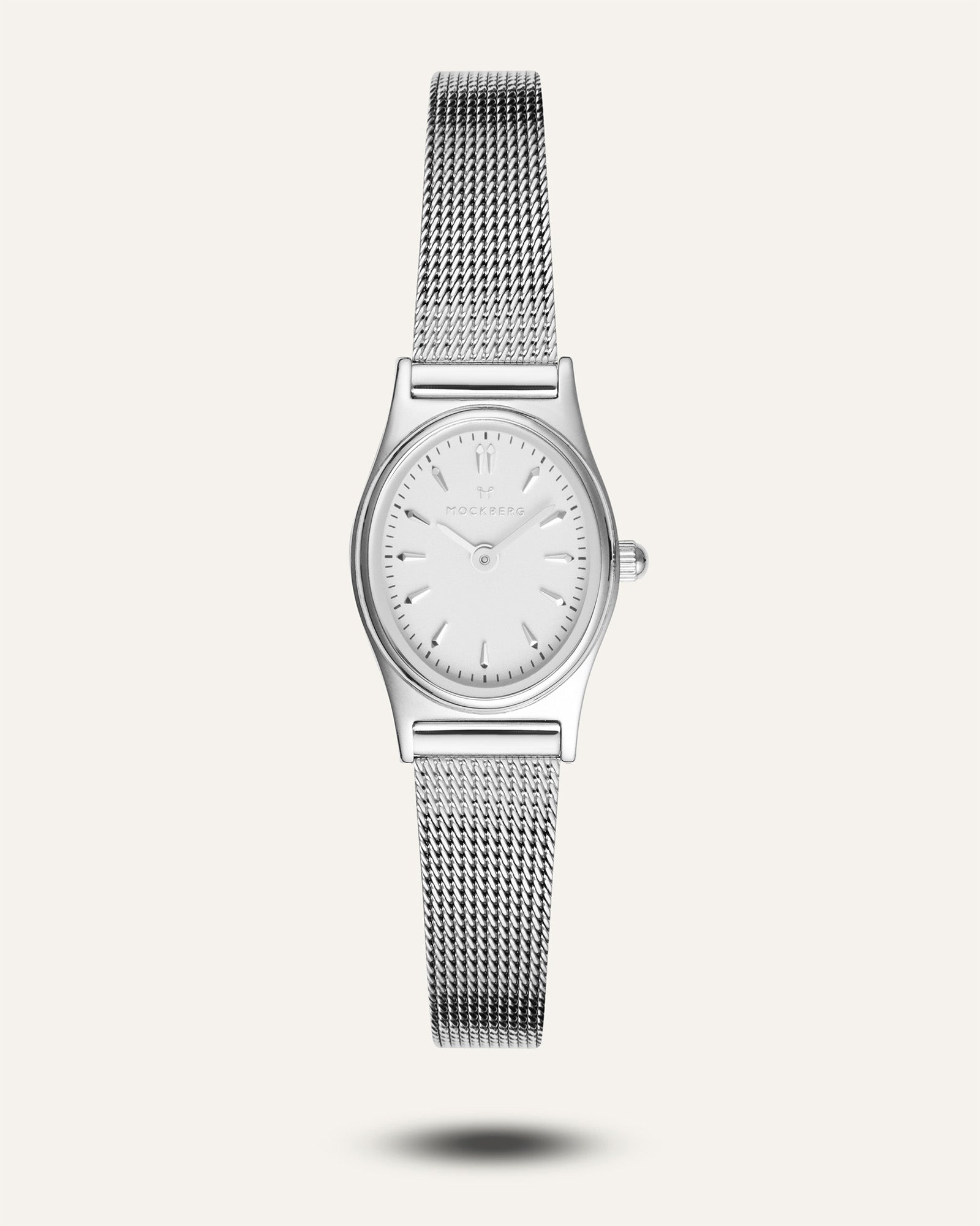 Mockberg Damen-Armbanduhr mit weißem Zifferblatt und Metall-Mesharmband