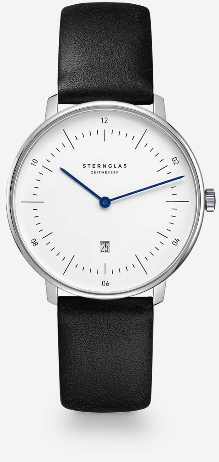 Montre pour femme avec bracelet en cuir noir, boîtier argenté et cadran blanc