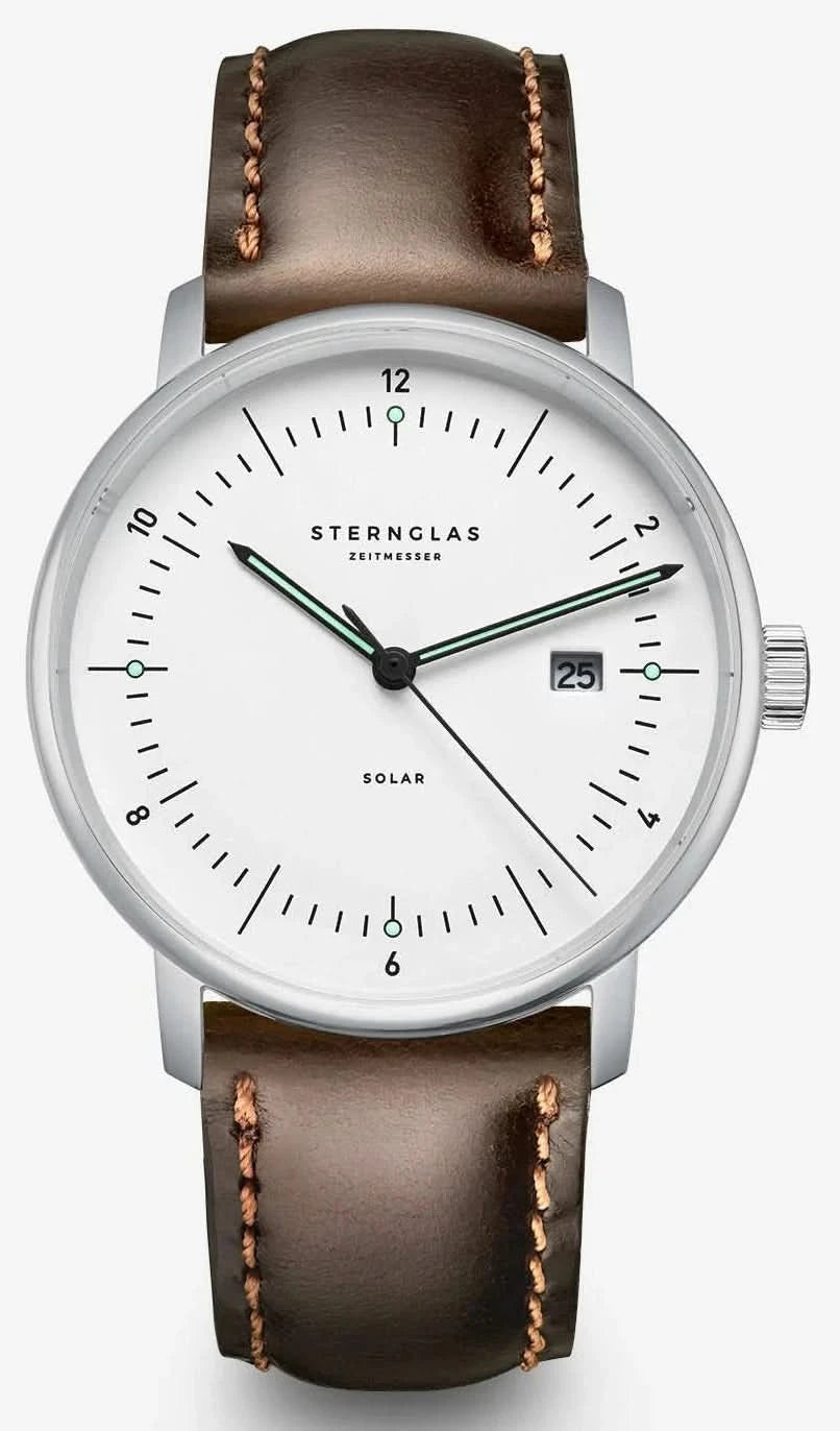 Montre homme avec bracelet en cuir marron et cadran blanc, boîtier rond en acier