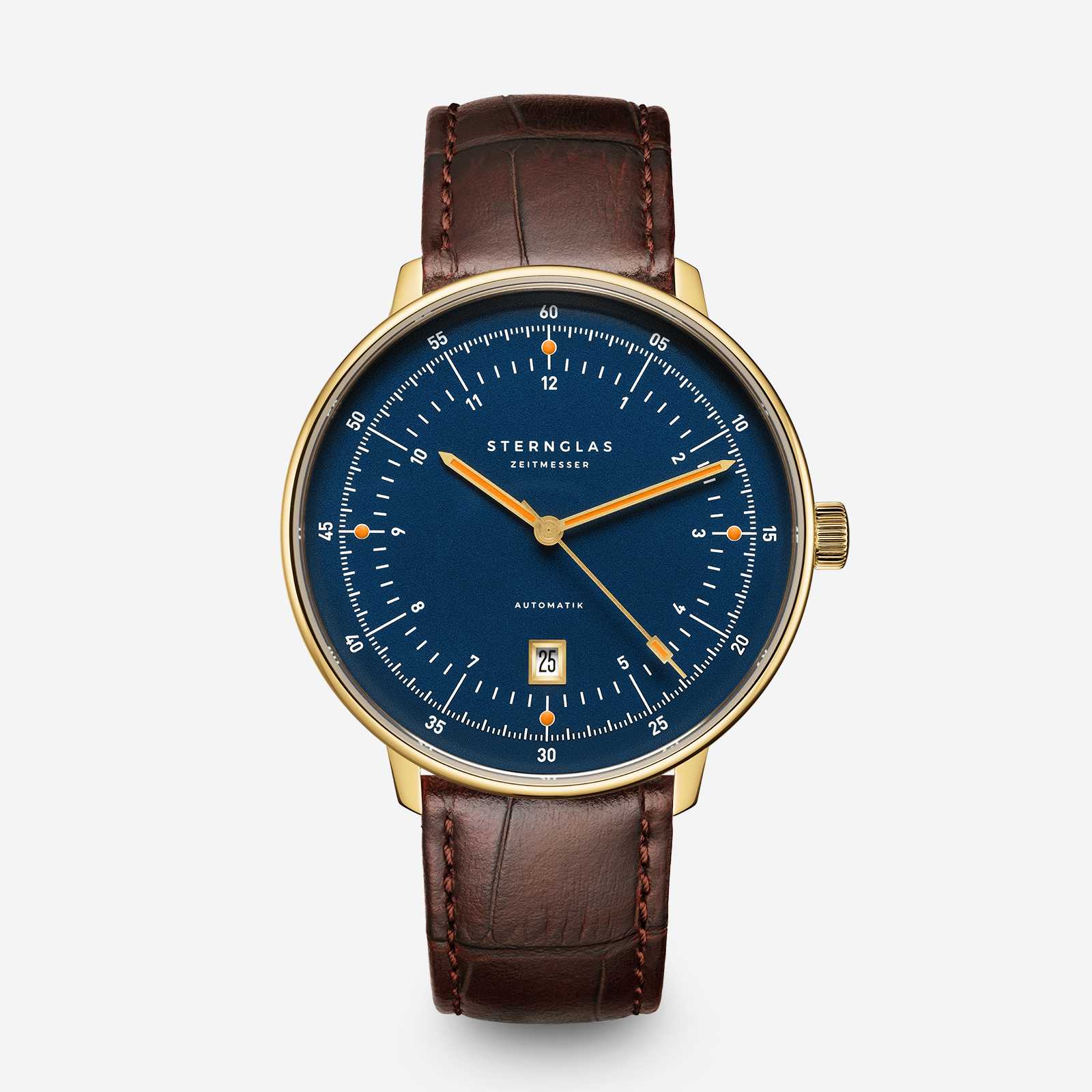 Herrenarmbanduhr mit dunkelblauem Zifferblatt, goldener Lünette und braunem Lederarmband