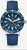 Montre pour homme avec cadran bleu, boîtier argenté et bracelet en cuir bleu.