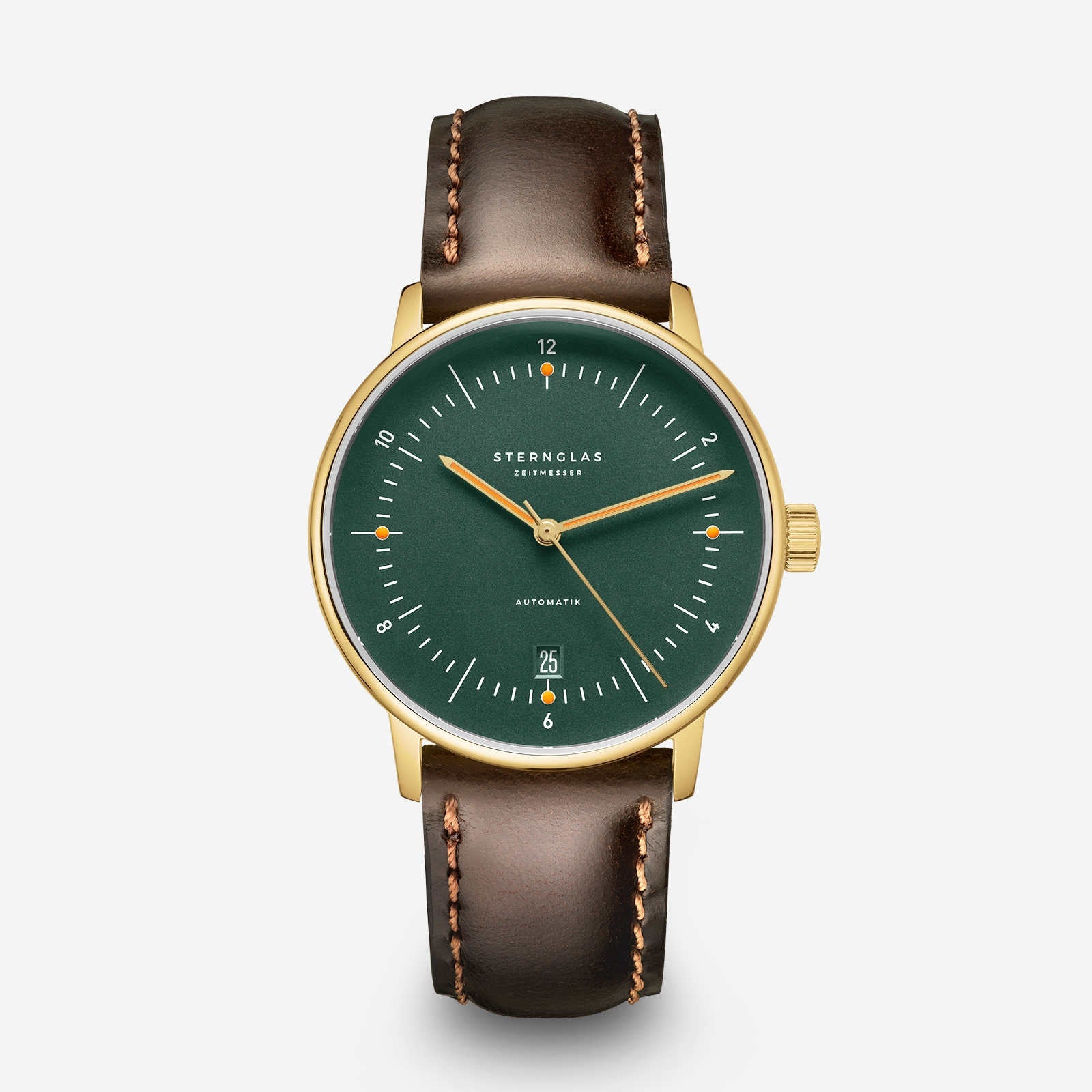 Herren-Automatik-Armbanduhr mit grünem Zifferblatt und braunem Lederarmband, Sternglas