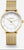 Montre dorée pour femme avec cadran blanc et bracelet en maille métallique, lunette ronde