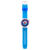 Armbanduhr mit blauem Silikonband, rundem silbernem Gehäuse und buntem Zifferblatt.