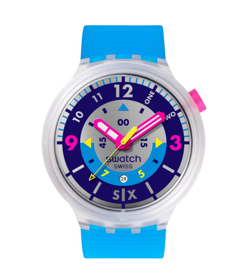 Armbanduhr mit blauem Silikonarmband und rundem Gehäuse, buntes Zifferblatt.