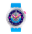 Armbanduhr mit blauem Silikonarmband, silbernem Gehäuse und buntes Zifferblatt, rosa Zeiger.