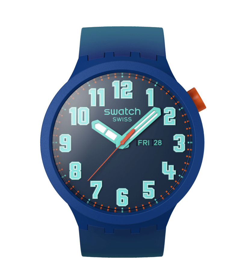 Herren-Swatch Uhr mit dunkelblauem Zifferblatt, Leuchtzeigern und Datumsanzeige