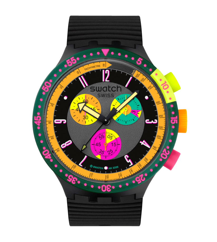 Swatch Armbanduhr mit schwarzem Silikonband, Neon-Lünette und farbiger Chronograph-Zifferblatt