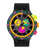 Swatch Armbanduhr mit schwarzem Silikonband, Neon-Lünette und farbiger Chronograph-Zifferblatt