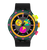 Swatch Armbanduhr mit schwarzem Band, Neon-Lünette, bunten Registern und leuchtenden Zeigern