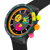 Swatch Chronograph mit schwarzem Gehäuse, Neon-Ansatz an der Lünette und buntem Zifferblatt