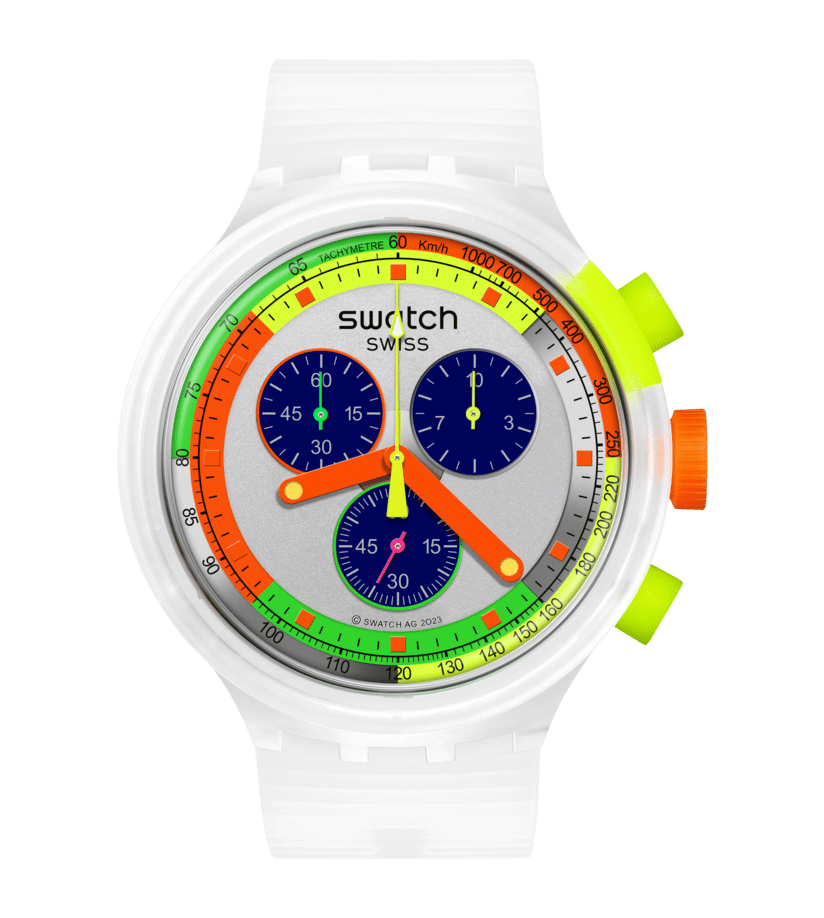 Damen-Armbanduhr: transparentes weißes Gehäuse, buntes Zifferblatt, Tachymeter-Skala