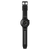 Schwarze Swatch Armbanduhr mit schwarzem Armband, Seitenansicht mit Dornschließe