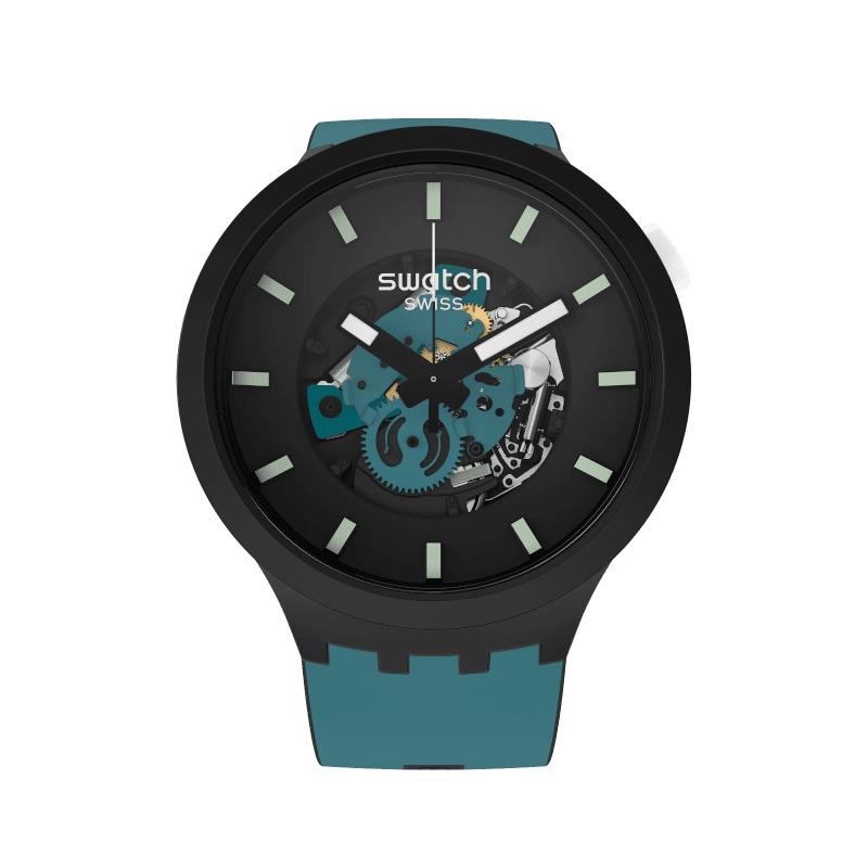 Swatch Herrenuhr: schwarzes Gehäuse, blaues Armband, großes dunkles Zifferblatt