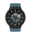 Swatch Herrenuhr mit großem dunklem Zifferblatt, sichtbarem Uhrwerk, blauem Armband
