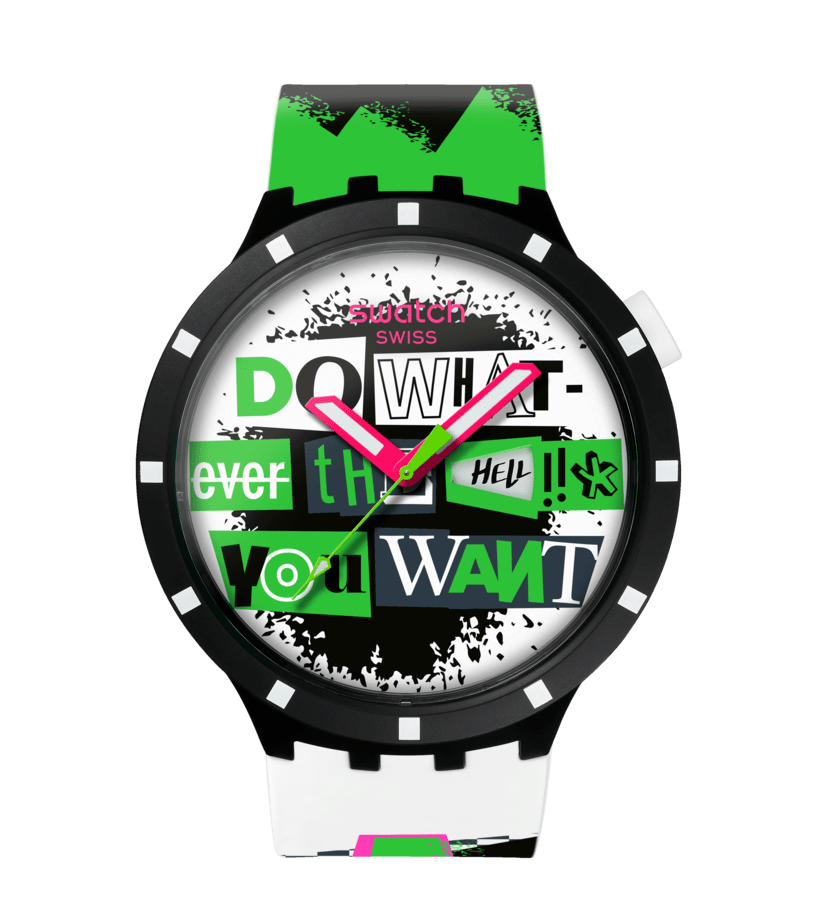 Swatch Armbanduhr mit schwarzem Gehäuse, weißem Armband und grün-weißem Zifferblatt