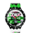 Swatch Armbanduhr mit schwarzem Gehäuse, weißem Armband und grün-weißem Zifferblatt