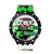 Swatch Armbanduhr mit schwarzem Gehäuse, weißem Armband und grünem Schrift-Zifferblatt