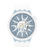Herrenarmbanduhr mit weißem Band und blauem Zifferblatt, sichtbare Uhrwerke, Swatch