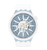 Herrenarmbanduhr mit blauem Zifferblatt und weißem Kunststoffband, Swatch-Logo sichtbar