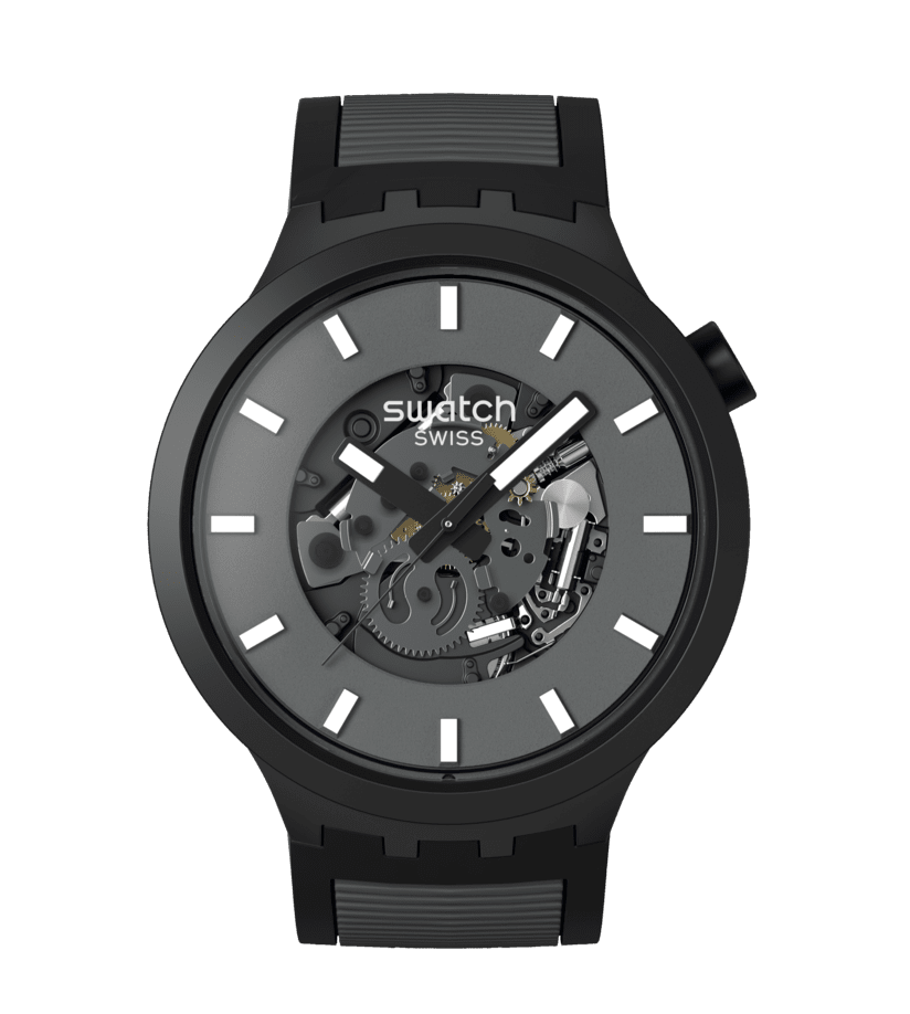 Swatch Herrenuhr Big Bold SB05B113 mit schwarzem Zifferblatt und schwarzem Silikonarmband