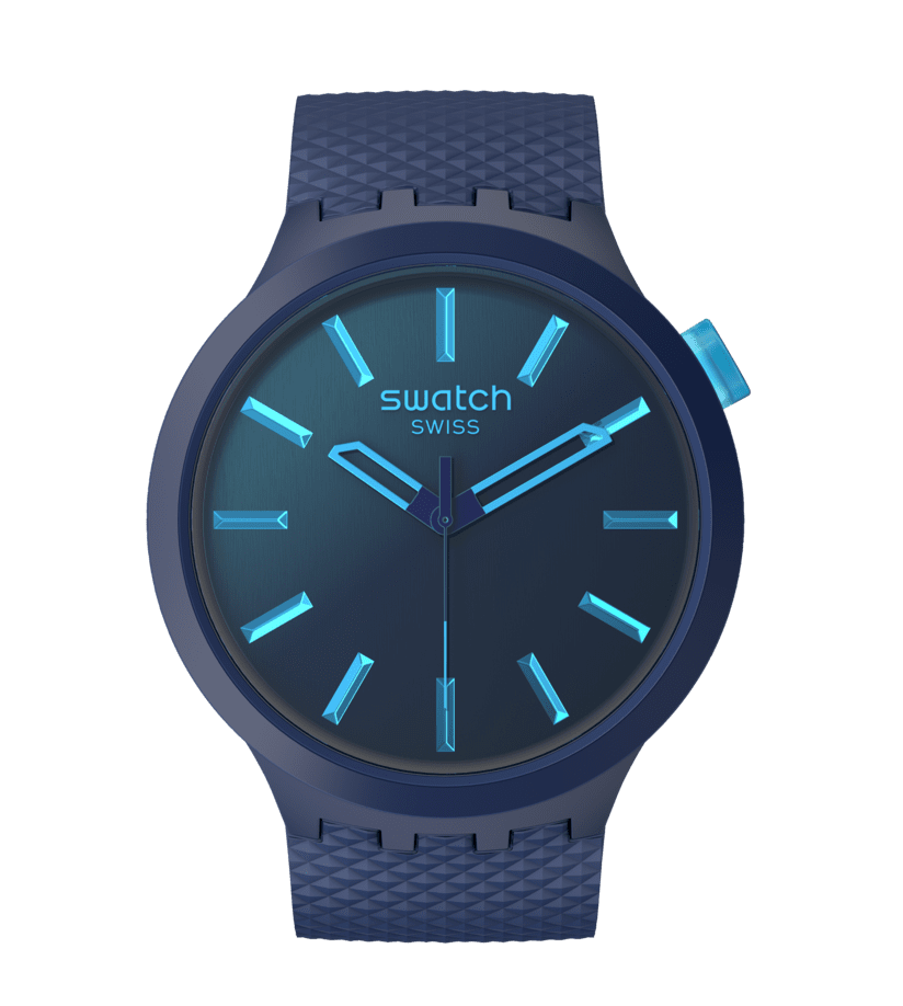 Swatch Herrenarmbanduhr, indigo-dunkelblaues Zifferblatt, blau leuchtende Indizes