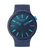 Swatch Herrenarmbanduhr, indigo-dunkelblaues Zifferblatt, blau leuchtende Indizes