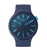 Swatch Herrenarmbanduhr mit rundem dunkelblauem Gehäuse und Silikonband