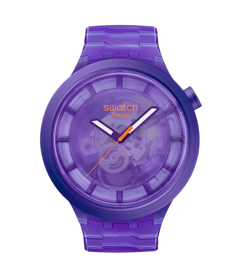 Swatch Big Bold Armbanduhr in Lila, rundes Zifferblatt mit Analogzeigern
