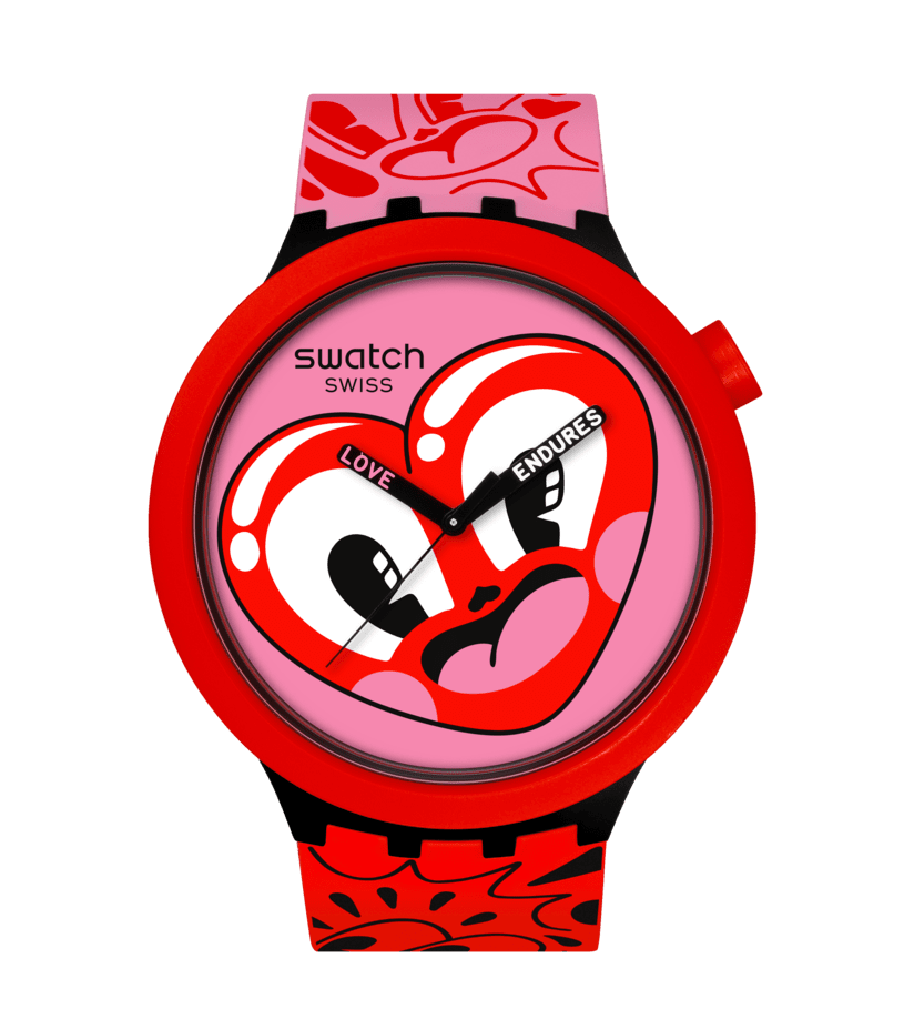 Swatch Quarzarmbanduhr mit rotem, pinkem und schwarz-weißem Herz-Dial sowie Gurt mit Muster