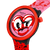 Runde Armbanduhr mit Herz-Dial in Rot, Pink und Schwarz-Weiß; roter Gurt mit Muster