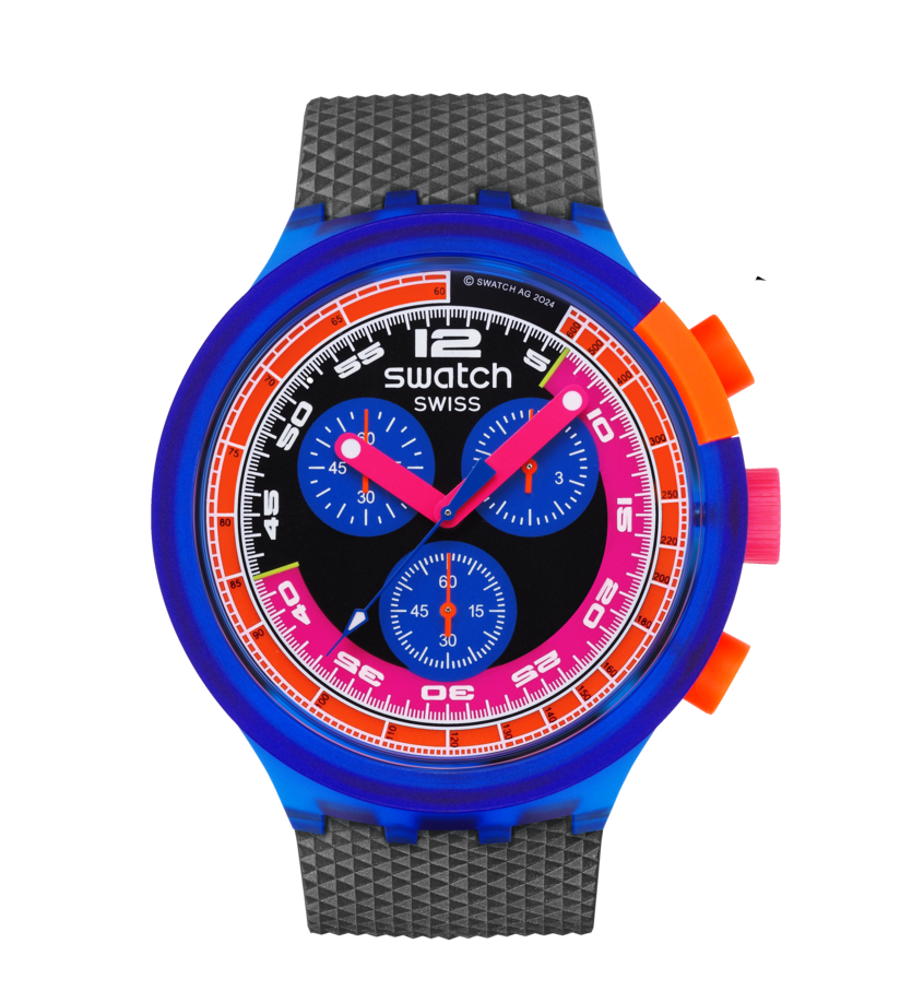 Swatch Big Bold Herrenuhr: blaues Gehäuse, schwarzes Textilarmband, schwarzes Zifferblatt