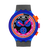Swatch Big Bold Herrenuhr mit blauem Rahmen, schwarzem Armband und orangefarbenen Akzenten