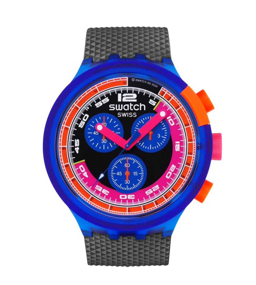 Swatch Armbanduhr mit blauem Band, rundem Gehäuse und schwarzem Zifferblatt