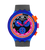 Swatch Armbanduhr mit blauem Band, rundem Gehäuse und schwarzem Zifferblatt