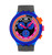 Swatch Armbanduhr mit blauem Band und schwarz-blauem Zifferblatt, orangefarbener Akzent