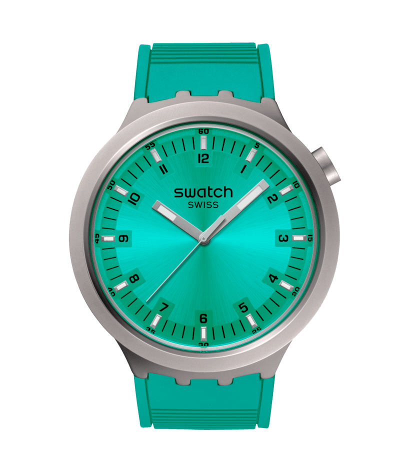 Große Swatch Armbanduhr: türkisfarbenes Silikonarmband, aquafarbenes Zifferblatt