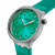 Swatch Armbanduhr mit großem Gehäuse, türkisfarbenes Armband und sichtbarer Krone