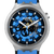 Runde Armbanduhr mit blauem Skeleton-Zifferblatt, Edelstahlgehäuse und blauem Silikonarmband