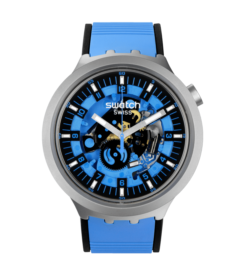 Armbanduhr mit blauem Zifferblatt, Edelstahlgehäuse und blauem Silikonarmband, Skeleton-Optik