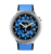 Armbanduhr mit blauem Zifferblatt, Edelstahlgehäuse und blauem Silikonarmband, sichtbares Uhrwerk